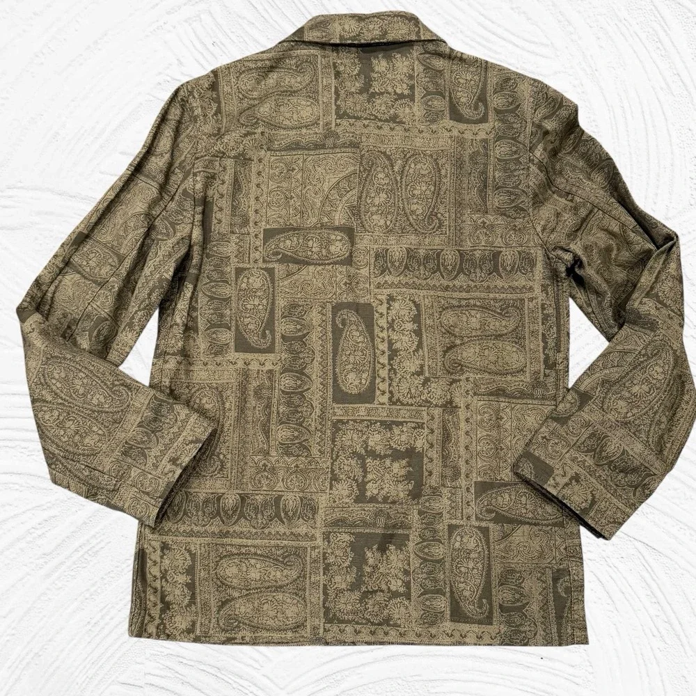 J.Crew Oarsman Batik Paisley Olive Green Brown Small  Cotton Linen Chore Jacket